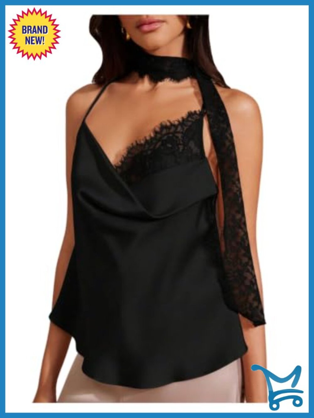 Satin Lace Cami Top Spaghetti Strap Scarf Draped Cowl Neck Backless